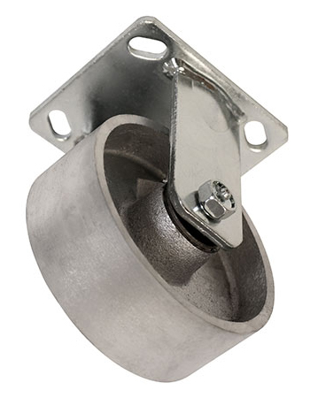 Angled bottom view of rigid caster with silver wheel
